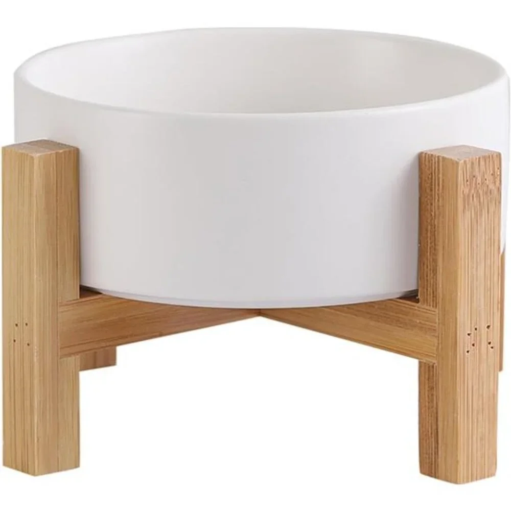 Elevated Ceramic Cat Bowl - Cat Food Bowl with Bamboo Stand - Raised Dog Dish